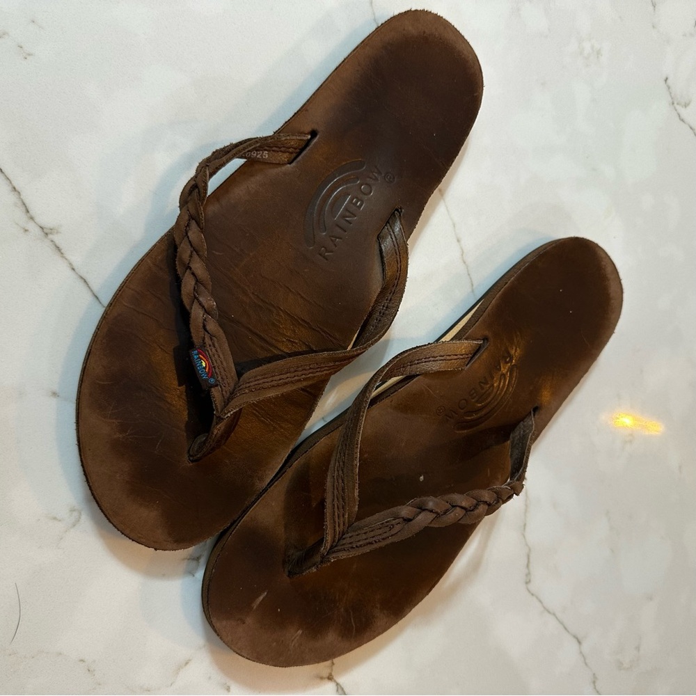 Rainbow Sandals Flirty Braidy Leather Flip Flops Brown Women’s Size 10